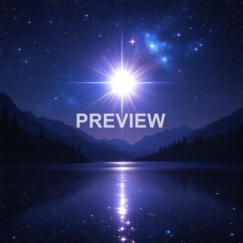 A bright star or celestial object shining intensely in a night sky filled with stars, with mountains and a reflective body of water below.